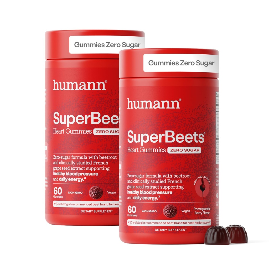 HumanN SuperBeets Heart Gummies - 하트 건강 에너지 지원, 포도 씨앗 추출물 & Beetroot 분말, 설탕 무료 - 석류 베리 맛, 120 조사