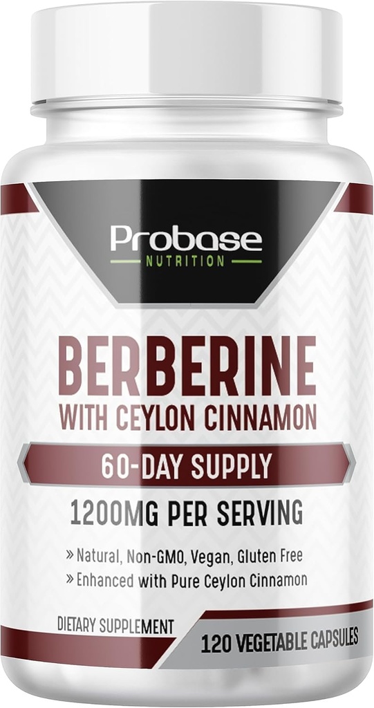 Cinnamon 추출물이있는 Probase 영양 Berberine - 글루텐 무료 및 Vegan - 120 캡슐 - 서빙 당 1200mg