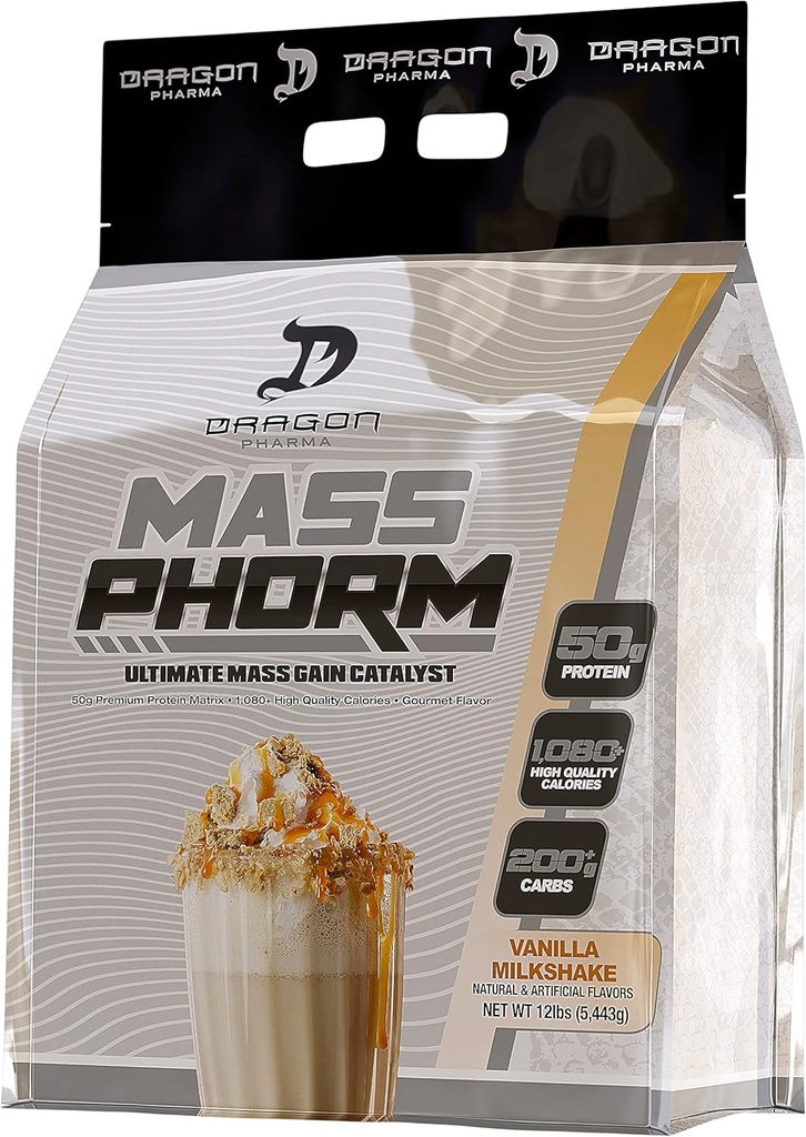 DRAGON PHARMA Mass Phorm, Ultimate Mass Gain Catalyst, 50g Protein Matrix, 복합 탄수화물 200g, 서빙 당 1,000 칼로리 이상 (20 서빙, 바닐라 밀크 셰이크)