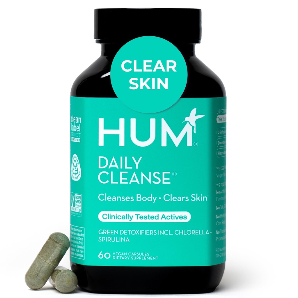 HUM Daily Cleanse 여드름은 여성 & 남자, 명확한 피부 지원, 아연, Spirulina, Chlorella, Detoxifying 허브, 유기 조류, 피부 비타민 보충교재, 60의 캡슐을 위한 소화성 Cleanse를 보충합니다