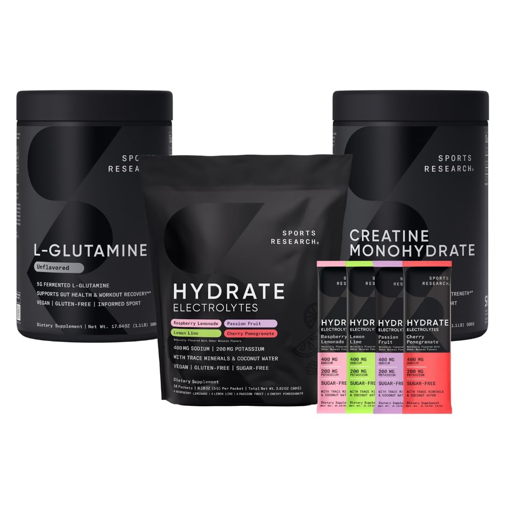 스포츠 연구 L 글루타민 (1.1 lbs), 설탕 자유로운 자연적으로 맛을 내는 Hydrate 전해질 16x 다양성 패킷 및 크레아틴 Monohydrate (1.1 lbs)