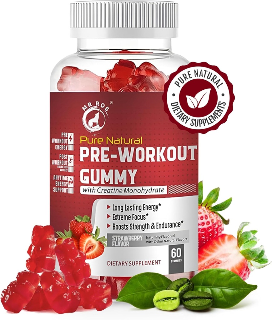 크레아틴 Monohydrate & 녹색 커피 콩 추출물을 가진 순수한 자연적인 전 운동 Gummies - 에너지, 초점, 내구시간 Boost, 딸기 풍미, 60 Gummies