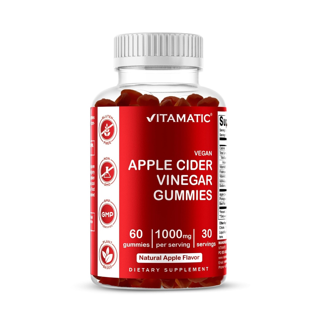 Vitamatic Apple Cider Vinegar Gummies - 봉사 당 1000mg - 60 Vegan Gummies - Detox, 체중 감소 지원, 에너지 부스트, 소화 및 Gut 건강을 위한 ACV Gummies