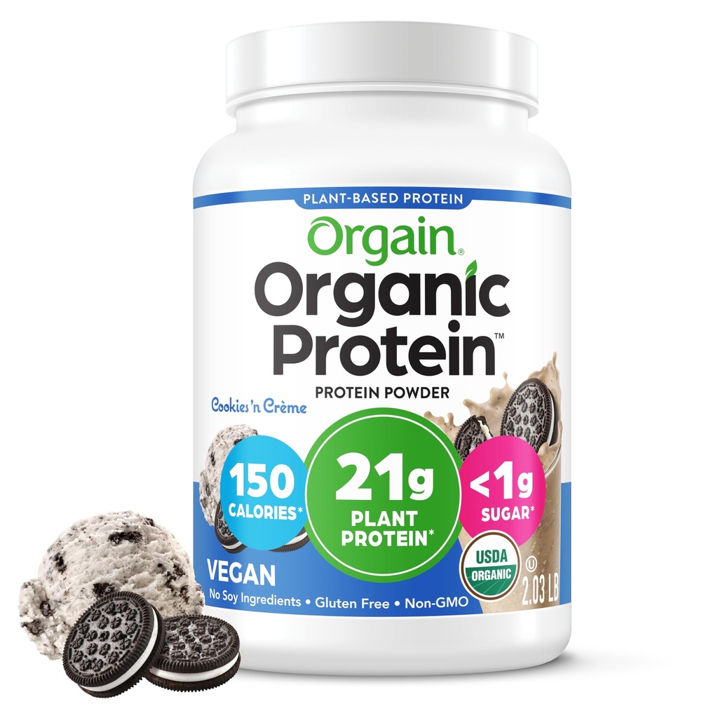 Orgain 유기 채식 단백질 분말, 쿠키 및 크림 - 21g 식물 기반 단백질, 7g Prebiotic 섬유, 낮은 그물 캐비넷, 락토스 성분 없음, 추가 설탕 없음, 비 GMO, 쉐이크 및 스무디에 대 한, 2.03 lb