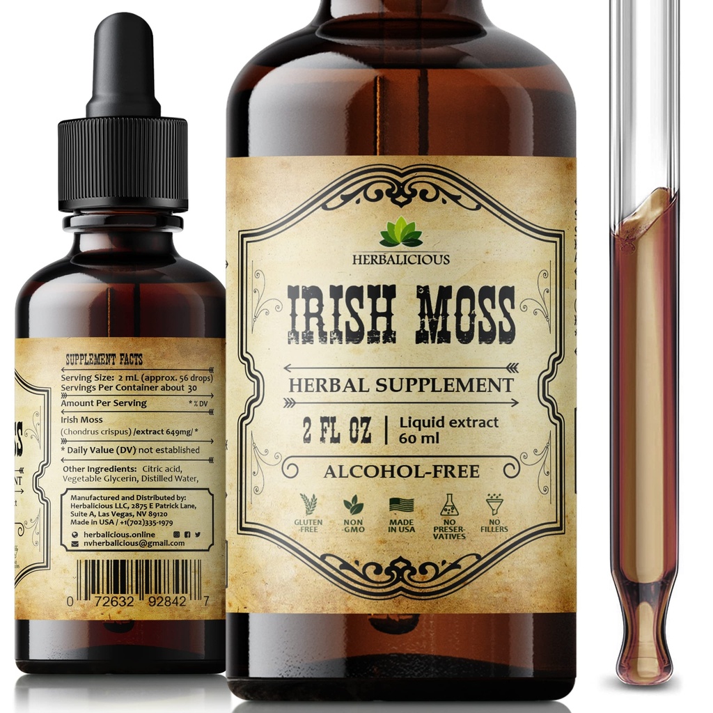아일랜드어 Sea Moss Raw Organic Drops - 갑상선 지원, 소화 및 에너지를위한 천연 아일랜드어 Sea Moss 추출물 - 액체 식 보충교재 - Vegan, Non-GMO - 2oz Bottle