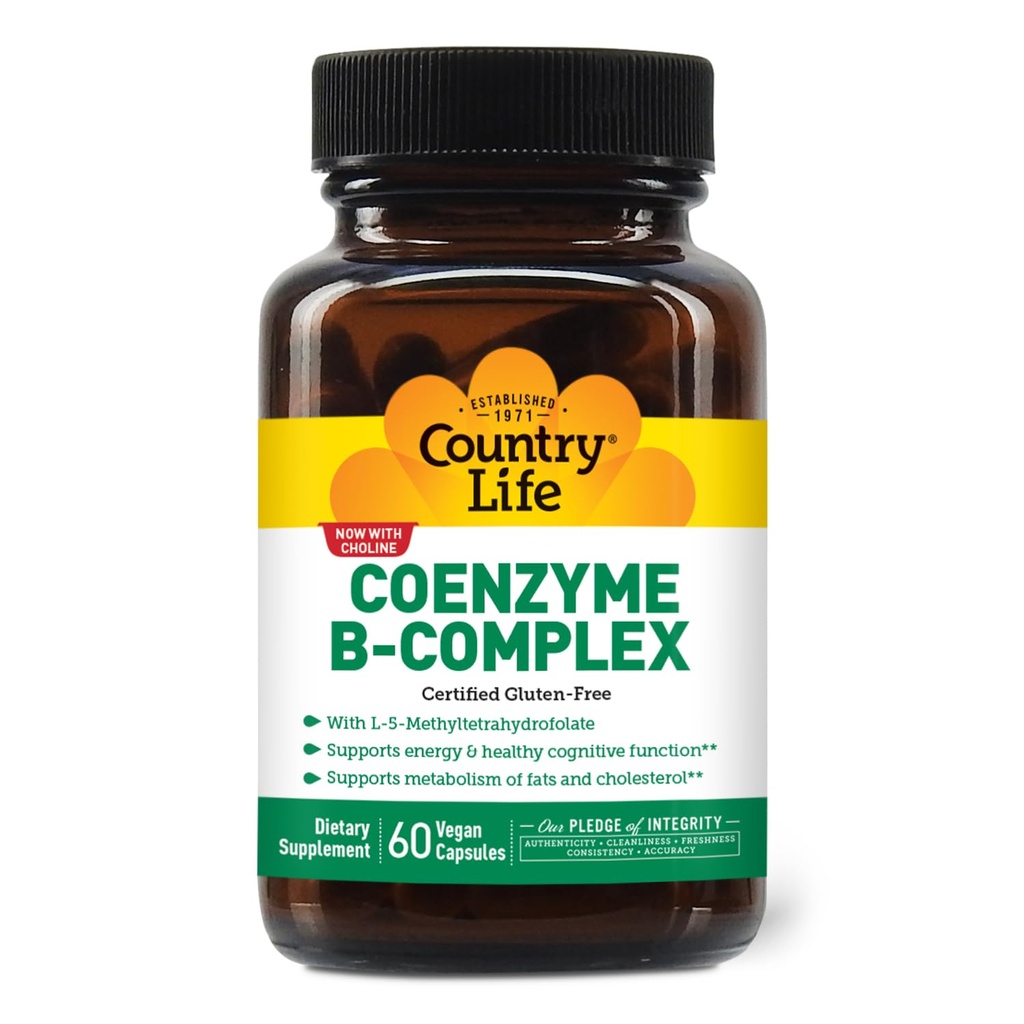 Country Life Coenzyme B-Complex, 60 캡슐 - 지원 에너지 및 대사, 무드 및인지 기능 - Vegan, Gluten-Free, Choline을 가진 생물 사용 가능한 B 비타민