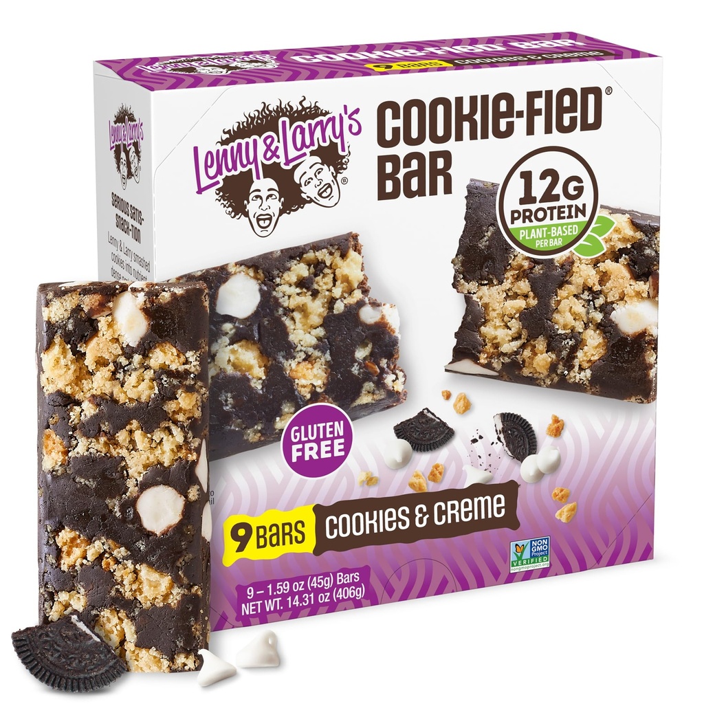 Lenny & Larry의 Cookie-fied Protein Bar - 쿠키 및 Creme Vegan Protein Bars 9x45g - 12g Plant Protein & 5g Fiber가있는 건강한 스낵 - 글루텐 무료 파워 바, Keto Friendly, Non-GMO 및 Vegan