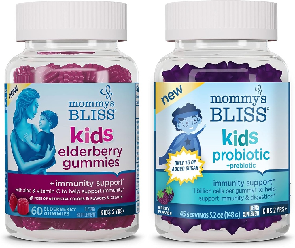 Mommy's Bliss Kids Elderberry Gummies 60 Count (Pack of 1) 및 Kids Probiotic + Prebiotic Gummies 45 Count (Pack of 1), 지원 키즈 Immunity 및 건강한 소화