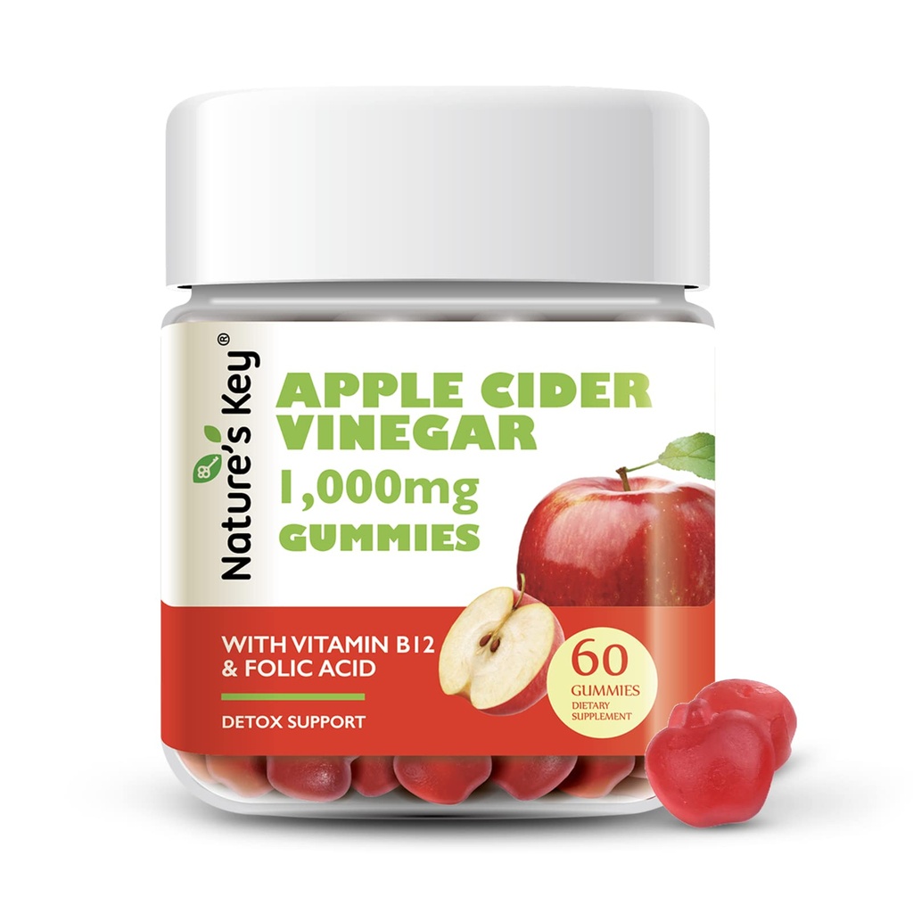 자연의 열쇠 Apple Cider Vinegar Gummies -1000mg 60 조사, 체중 감소, 소화, 자연적인 Detox & Cleanse | Vegan, Non-GMO, 글루텐 프리|Folic Acid Vitamin B6 B12 Beetroot Pomegranate