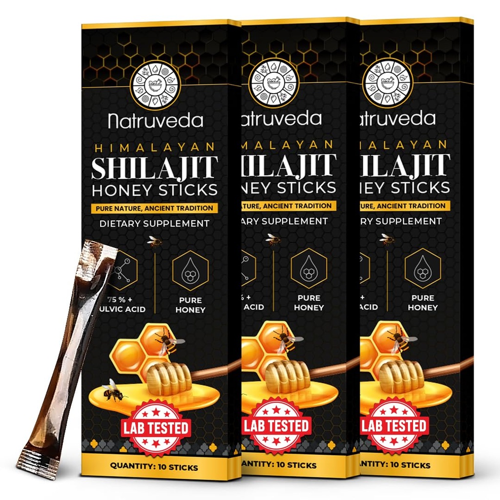 Himalayan Shilajit Honey Sticks for Men & Women - 75%+ Fulvic Acid & Trace Minerals - Raw Honey, Saffron & Himalayan Shilajit Resin - Stamina, Performance & Energy Support - (30의 포장)
