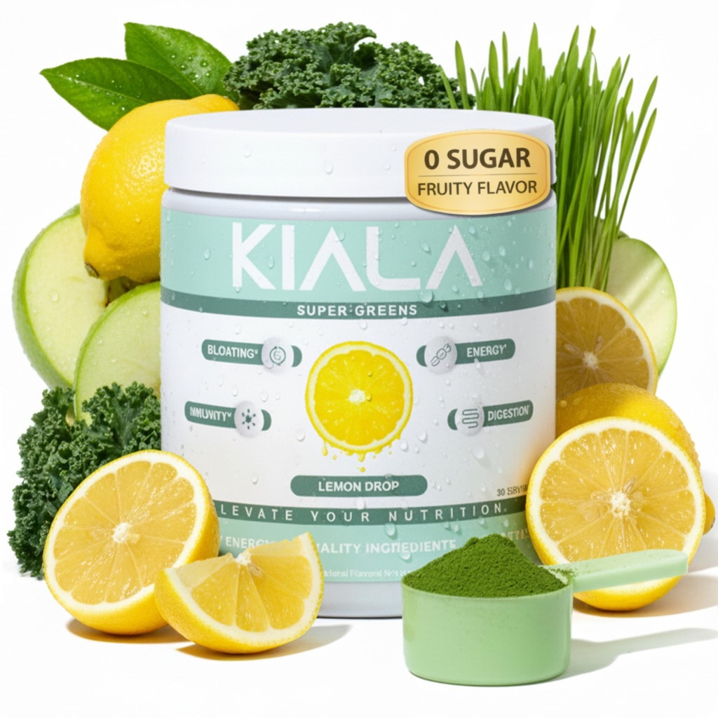 Kiala Nutrition Super Greens, Digestion, Gut Health, Immunity, Energy, Gluten Free, Vegan, Sugar Free, Spectra Blend, Lemon Drop, 30 서빙을 위한 Spirulina & Chlorella와 유기 녹색 분말