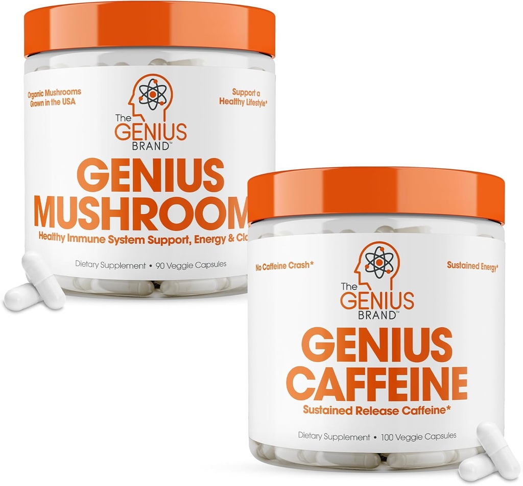 Genius 브랜드 - Genius Mushroom 및 Caffeine 보충 번들 - 사자 Mane, Reishi 및 Cordyceps - 중단 된 릴리스 카페인