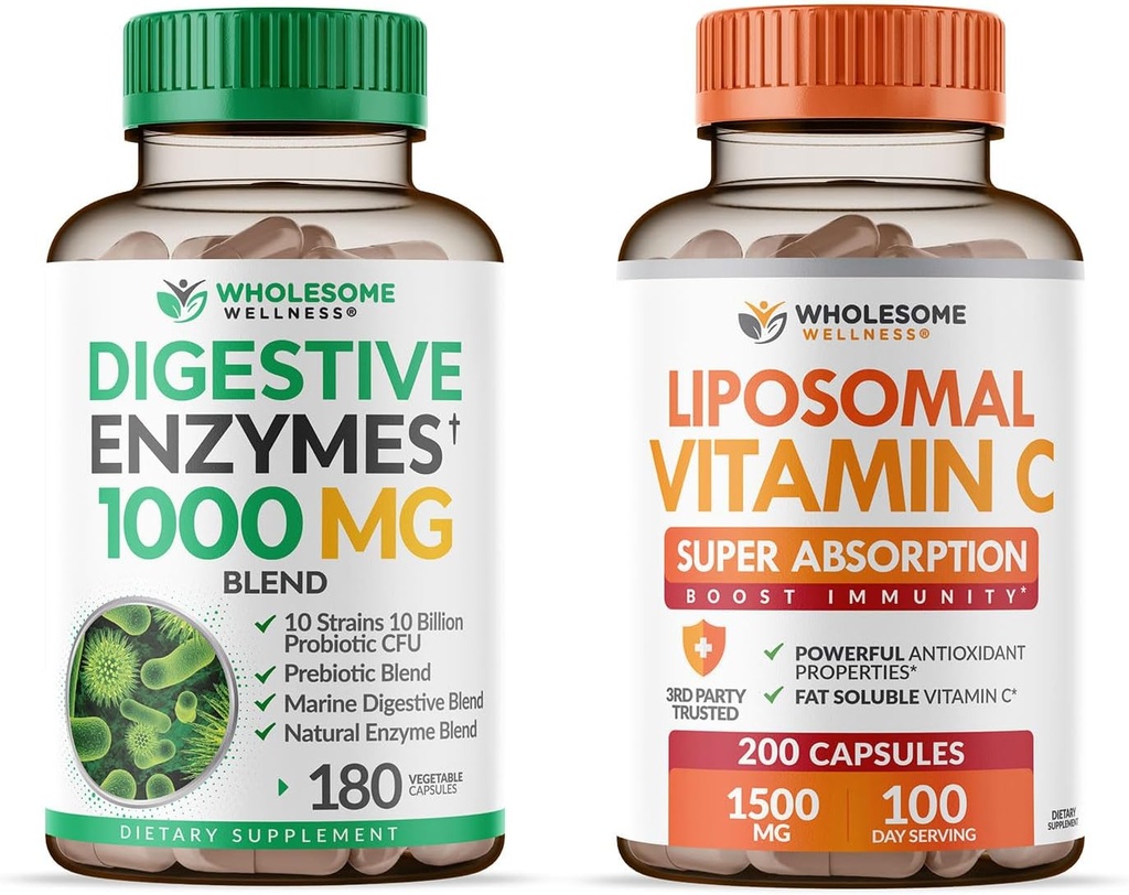 Wholesome Wellness 소화 효소 1000MG Plus Prebiotics & Probiotics + Liposomal 비타민 C 캡슐 (200 알약 1500mg 버퍼링) 번들