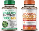 Wholesome Wellness 소화 효소 1000MG Plus Prebiotics & Probiotics + Liposomal 비타민 C 캡슐 (200 알약 1500mg 버퍼링) 번들