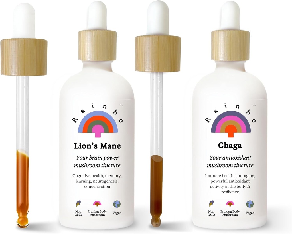 Rainbo 버섯 번들, 사자 Mane 버섯 추출물 + Chaga Mushroom Tincture, 종합 면역 지원을위한 이중 추출물 일일 버섯 통, Vegan 액체 버섯 보충제