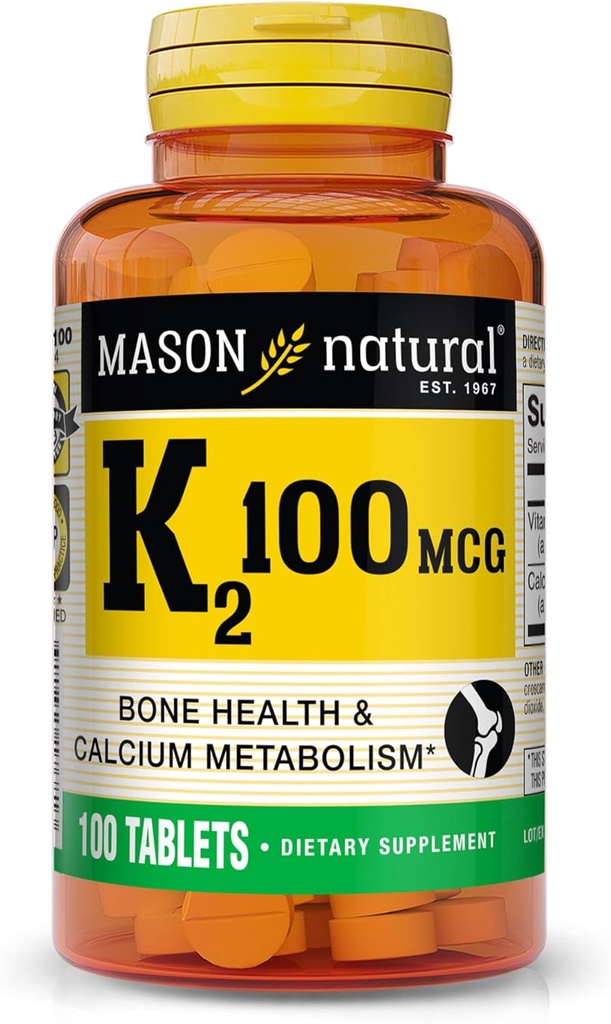 MASON NATURAL 비타민 K2 100 mcg 칼슘, 지원 뼈, 심장 & 근육 건강, 100 정제