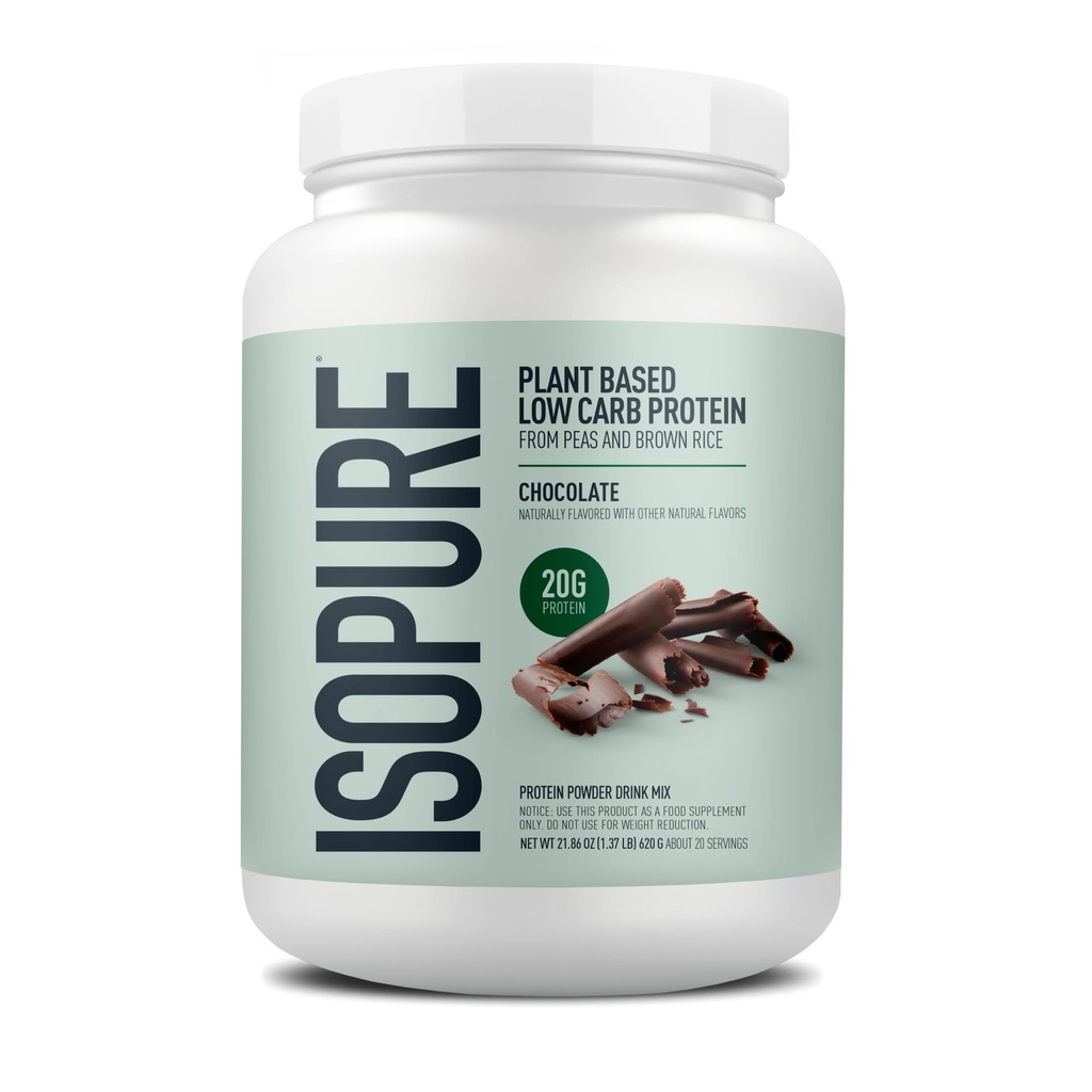 Isopure 식물 기반 단백질 분말, Lactose 무료, 글루텐 무료, 다리미와 함께, 초콜릿, 20g 식물 단백질 서빙 당, 1.37 Lbs, 20 서빙