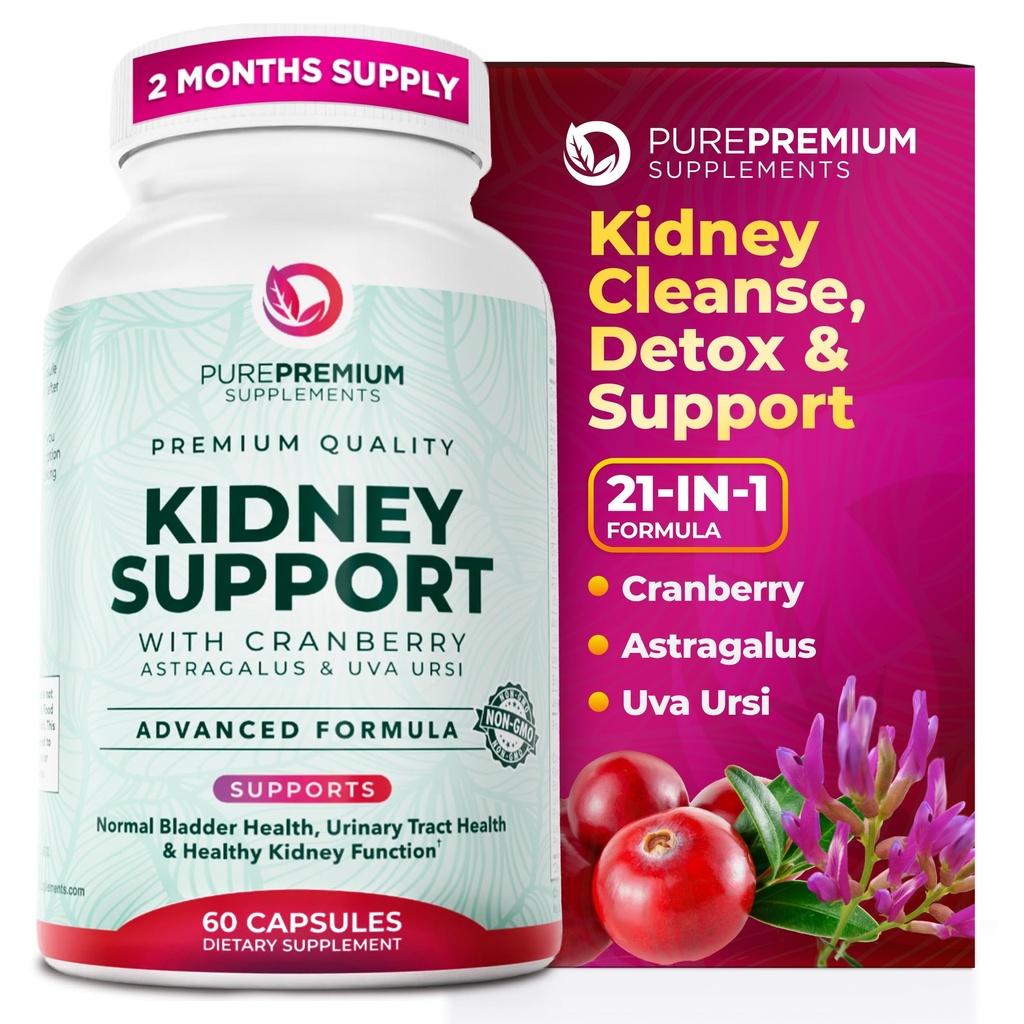 PurePremium Kidney Support Supplement - Kidney Cleanse Detox & Cranberry Extract & Astragalus - 21-in-1 Complex 지원 일반 Bladder, Urinary Tract & Kidneys Health - 60 일 공급
