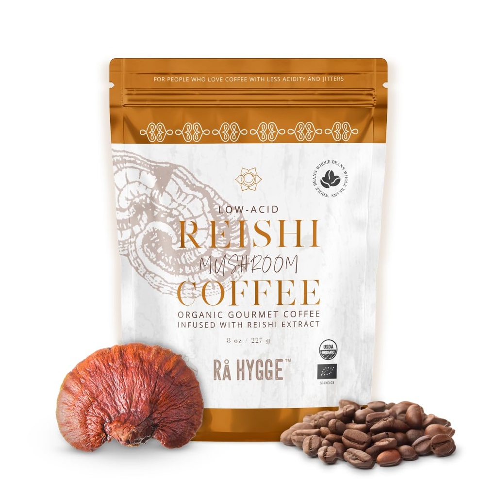 Rå Hygge 특수 유기 전체 콩 버섯 커피 Reishi - Calm Energy, Relaxation & Balance - 건강한 커피 대안, 낮은 산 중간 로스트, 8 온스 (16 컵), 스웨덴에서 로스트