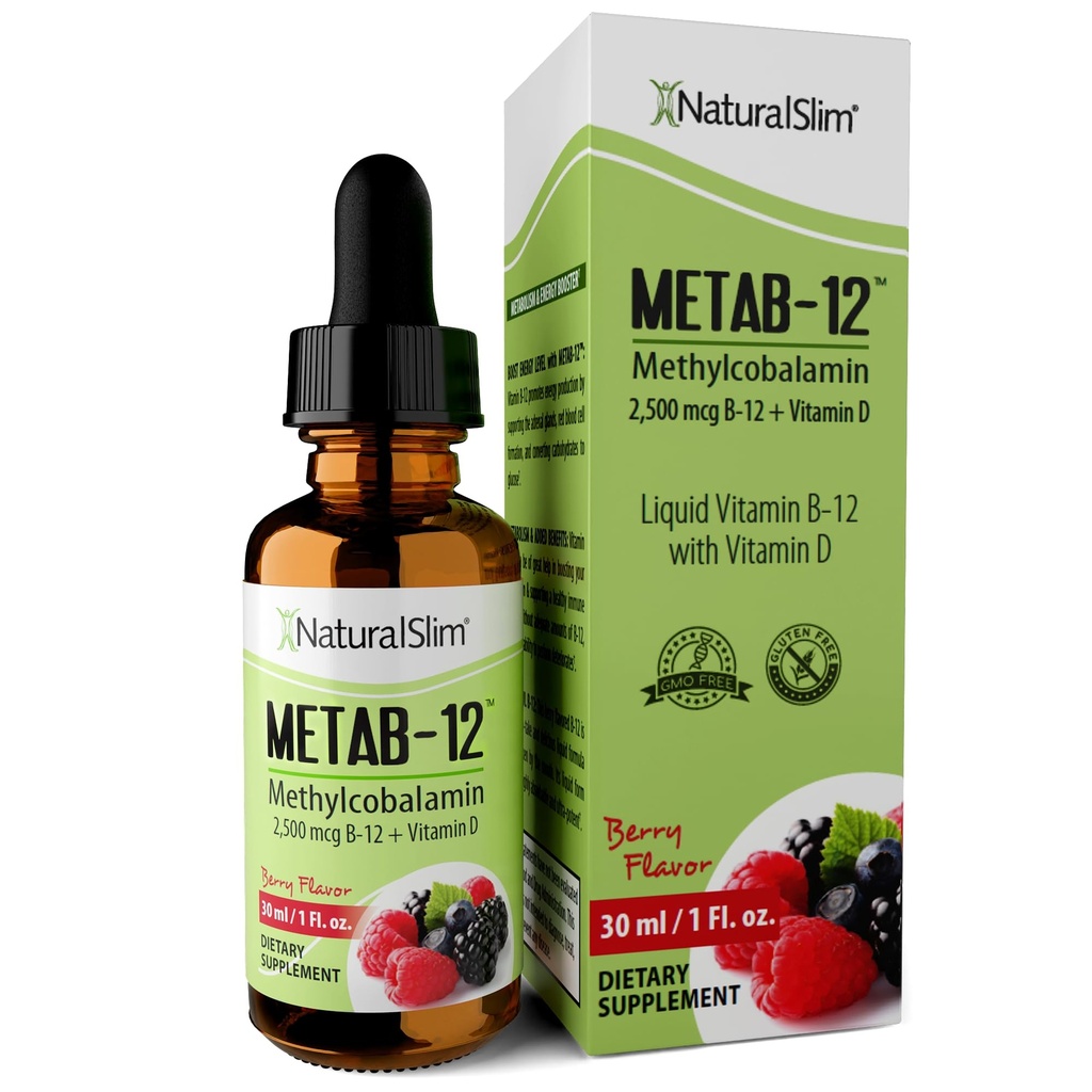 NaturalSlim 액체 B12 비타민 D - Metab-12 Methylcobalamin 2500 mcg B12 Metabolism, 에너지 및 면역 지원을위한 하위 언어 드롭 - Berry 풍미 1 fl oz