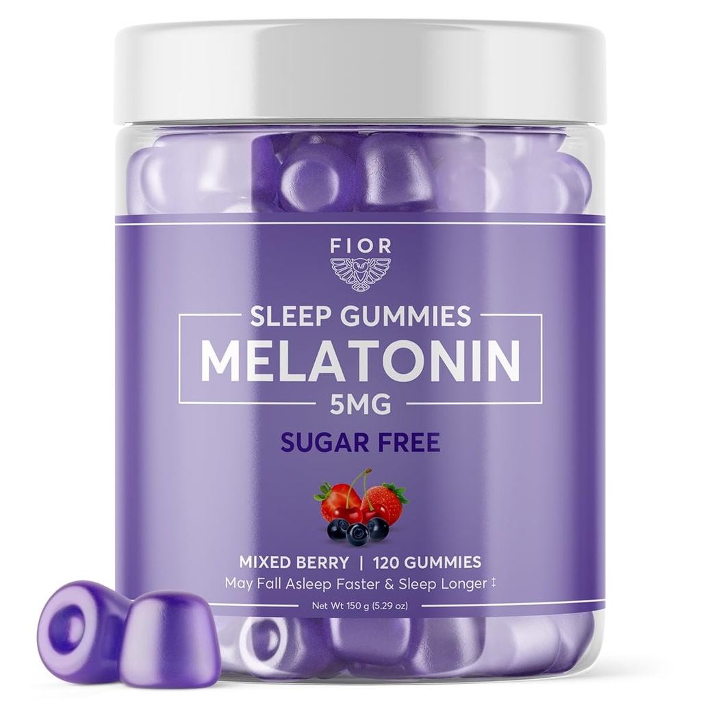FIOR Sugar Free 120-Count Sleep Aid & Calm Gummies, Melatonin Gummies 성인 및 어린이를위한 수면 보조. 잠을 위한 거미 비타민. 성인 & 아이 Melatonin & L-Theanine Gummies 자연적인 초본 잠 원조.