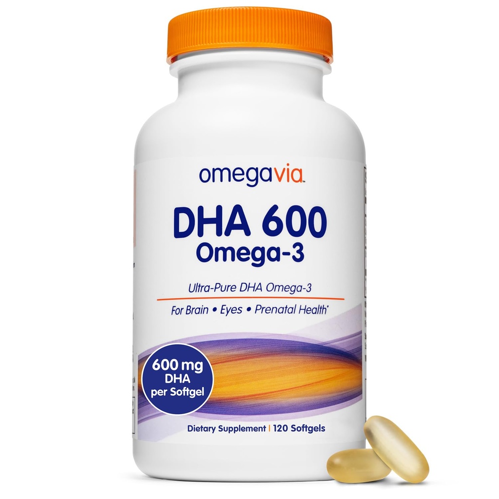 OmegaVia DHA 600 mg, 매우 순수한 Omega-3 DHA는 뇌와 눈, 여성을 위한 DHA Prenatal 비타민, Burpless 물고기 기름 오메가 3, IFOS는, 120 Softgels 시험했습니다