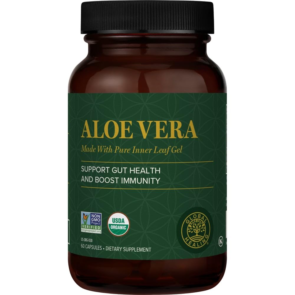 Global Healing Aloe Vera Bio-Active Organic Leaf Supplement - Acemannan - Aloin-Free - Gut Health & Immune Support - 60 캡슐의 가장 높은 농도를 가진 200x 농축 공식