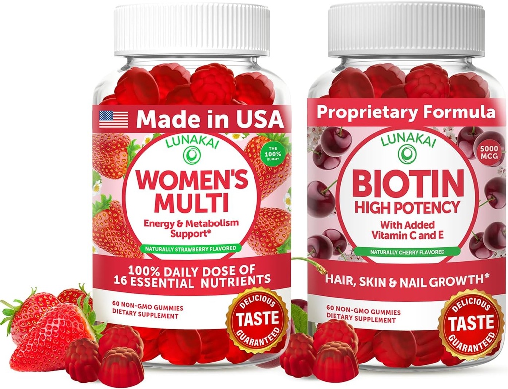 Lunakai USA Made Womens Multivitamin & Biotin Gummies Bundle – 에너지 및 헤어, 피부, 네일 지원 – 자연적으로 맛 – 60 비 GMO Gummies 각각