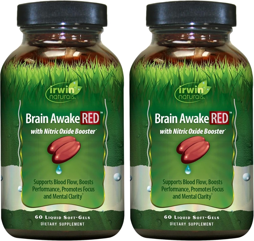 Irwin Naturals Brain Awake RED with Nitric Oxide Booster - 60 액체 소프트 젤, 2 팩 - 지원 뇌 건강 및 최적화 성능 - 40 총 서빙