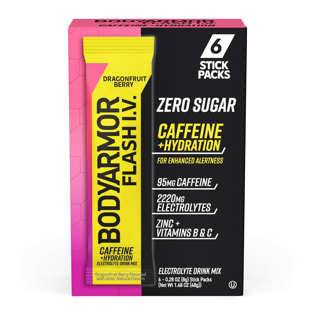 BODYARMOR Caffeinated Flash I.V. Electrolyte Packets - Dragonfruit Berry - Zero Sugar Energy Drink Mix, Single Serve Packs, Pre Workout, Travel Essentials, Active Lifestyle (6 카운트)에 대한 Hydration