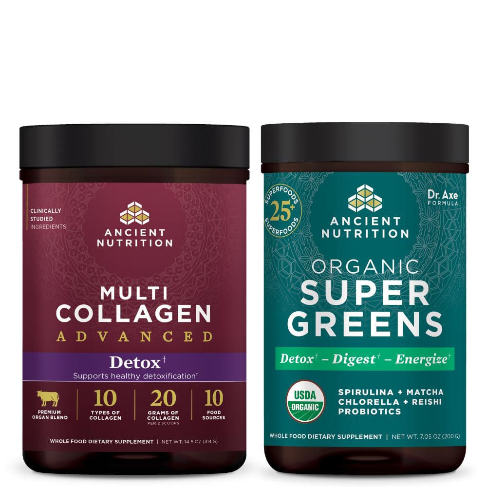 고대 영양 다 교원질 진보된 분말 Cleanse & Detox, Unflavored, 36의 서빙 + 유기 SuperGreens 분말, 녹색 풍미, 25의 서빙