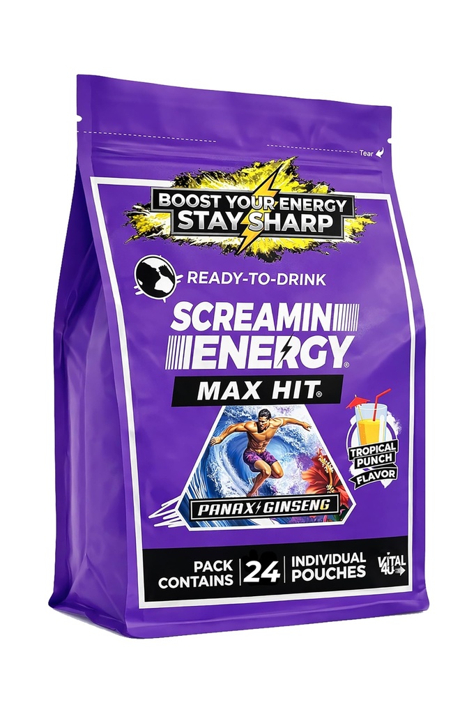 Screamin Energy Max Hit Tropical Punch 풍미 - 인삼, B 비타민 및 카페인이있는 최대 강도 설탕 무료 에너지 샷 - 24 개