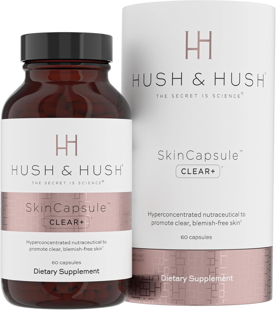 Hush & Hush SkinCapsuleTM Clear+, 피부 관리 보충교재, Vegan의 얼굴을 위한 여드름 처리, 청결한 Nutraceuticals는 비타민 A, 심황, Dandelion 뿌리, 아연 - 60의 캡슐을 포함합니다