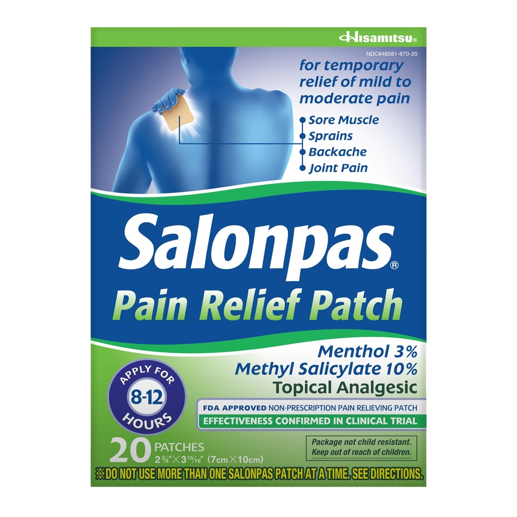 Salonpas 통증 완화 패치, 20 개 (팩의 1), 12 시간 동안 밀드의 임시 구호, 허리 통증, 근육, 스쿠트, 브루스