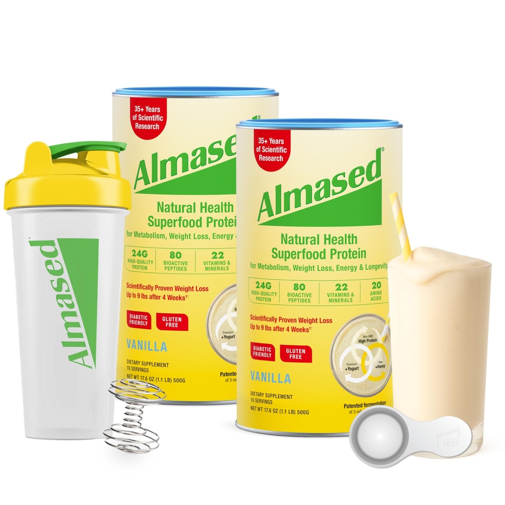 체중 감량을위한 Almased 식사 교체 Shakes - 단백질 분말 - 스타터 키트 (Almond Vanilla 풍미, 17.6 oz + Shaker Bottle + Scoop)