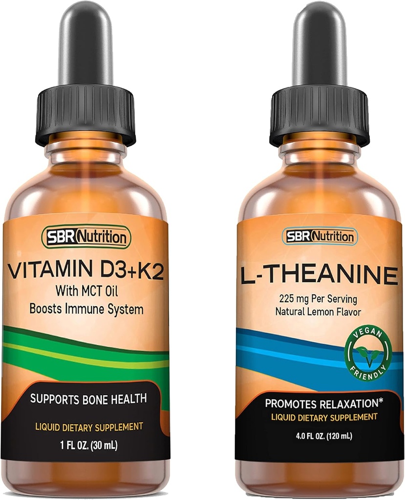 SBR 영양 D3+K2와 L-Theanine 번들 비타민 D3K2 (MK7) 액체 하락, Peppermint, 1oz | L theanine 225mg 액체 하락, 2oz | 성인 & 아이 | 비 GMO, 글루텐 프리