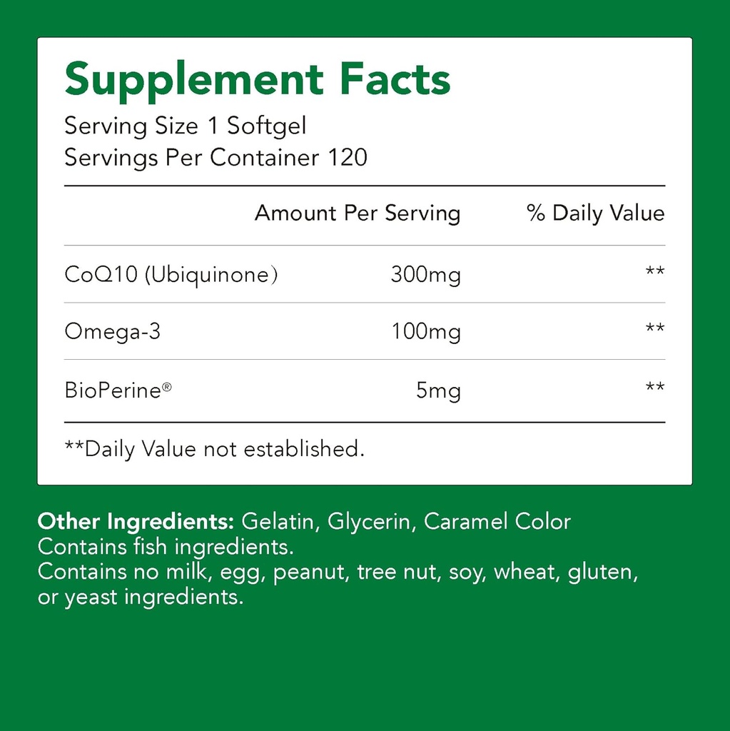보충제, Ubiquinone CoQ10 (Coenzyme Q10) 300 mg, BioPerine (5mg) | 지원 심장 건강, 에너지 및 흡수 (1 병-120 Softgels-2mo 공급) | 높은 EPA 및 DHA | 비 GMO, 글루텐 프리