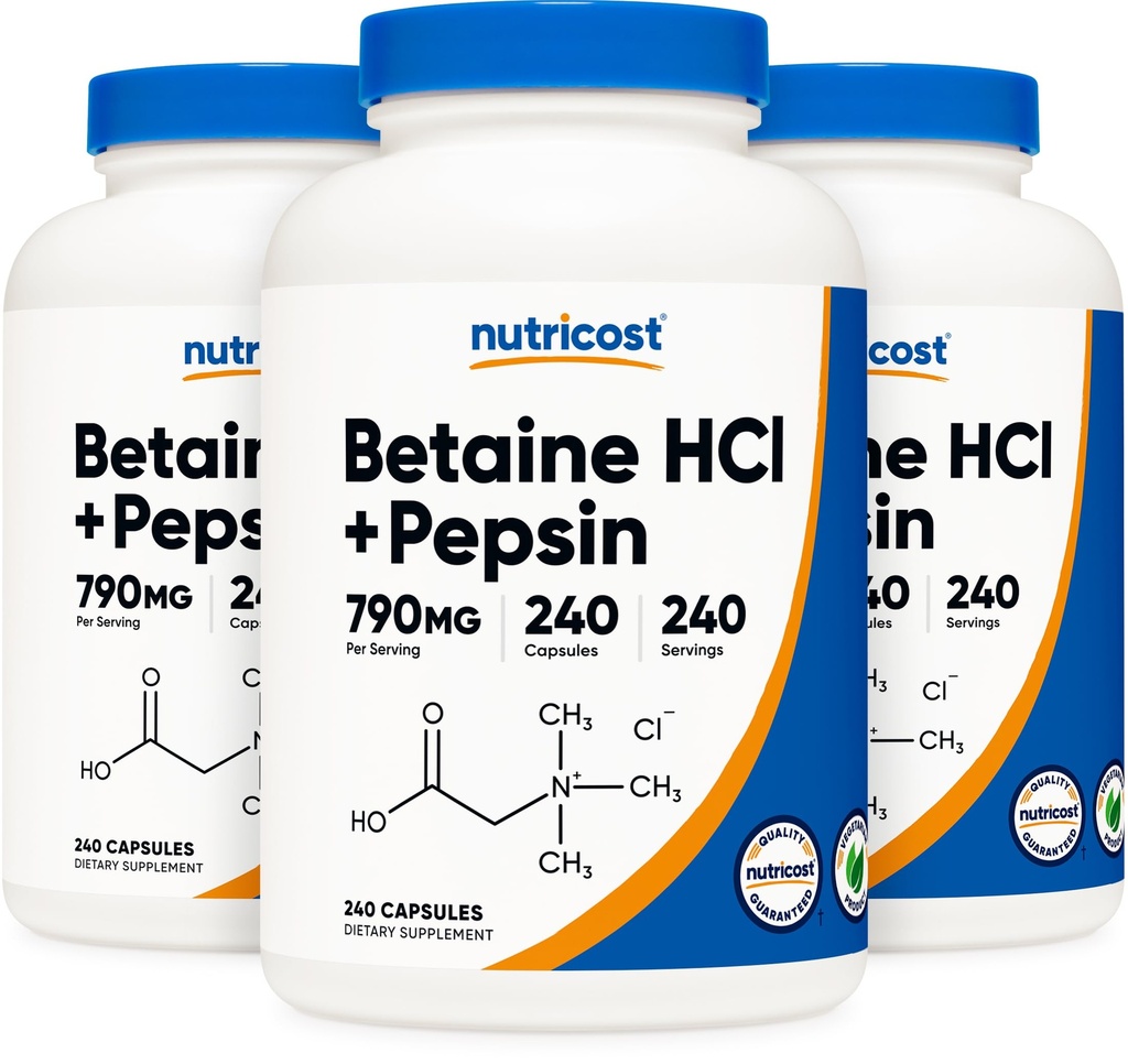 Nutricost 베타인 HCl + Pepsin 790mg, 240 캡슐, 3 병 (720 캡슐)