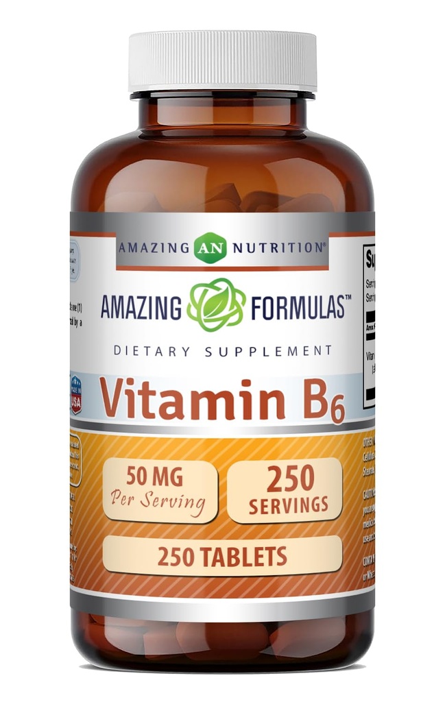 놀라운 수식 비타민 B6 Pyridoxine 50mg 250 정제 보충 | 비 GMO | 글루텐 무료 | 미국에서 제작