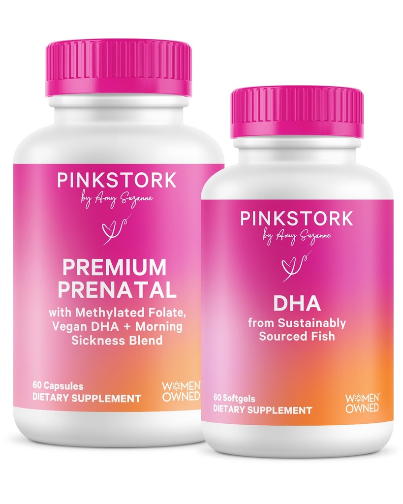 핑크 Stork 프리미엄 Prenatal 듀오 : 프리미엄 Prenatal 비타민 + DHA, 여성을위한 Prenatal Probiotics, 오메가 3 + 물고기 오일, DHA 및 Folic 산이있는 Prenatal 비타민, 여성 가운
