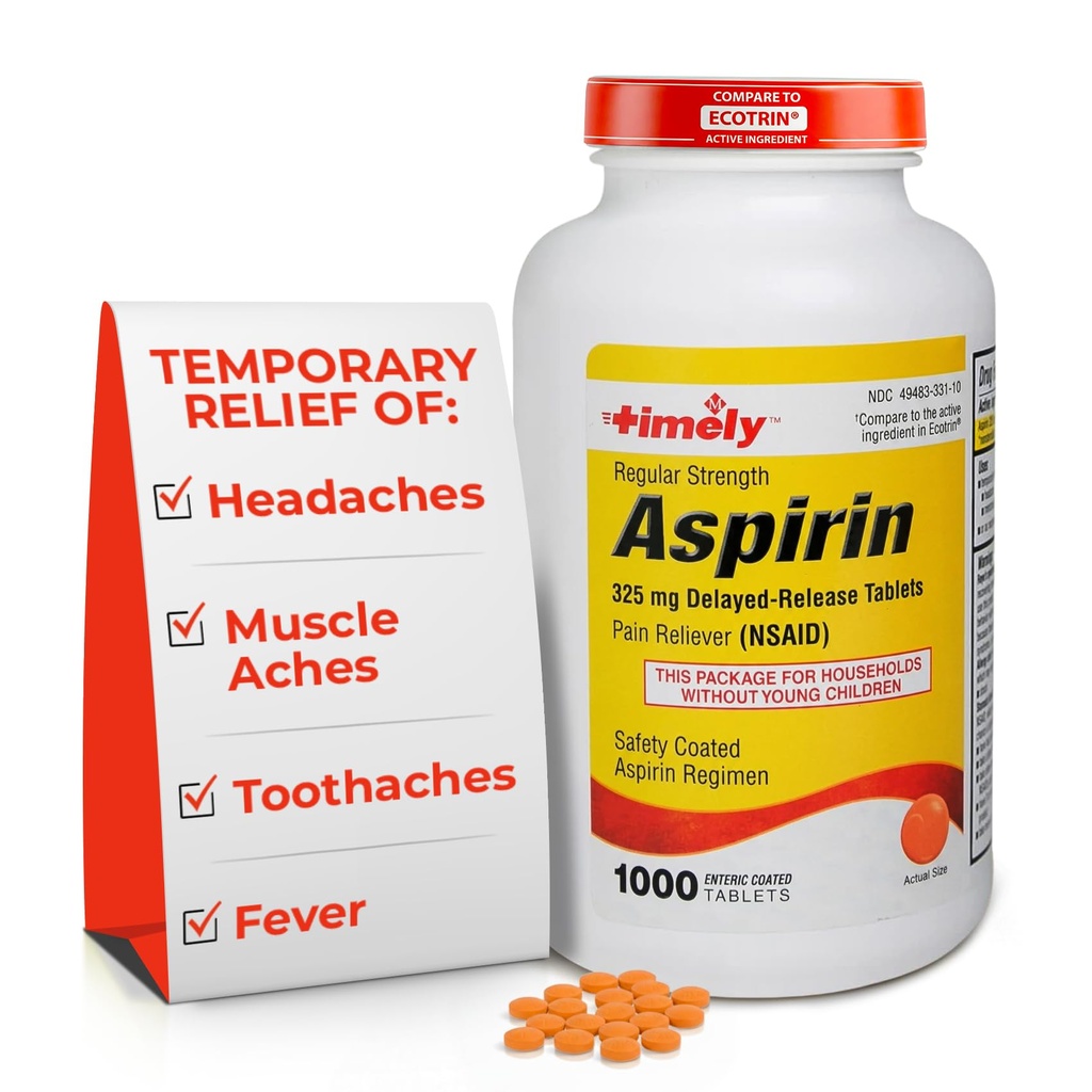 시간 모자 LABS, INC. 적시 일정한 힘 Aspirin 325mg - 1000의 Enteric에 의하여 입힌 정제 - Minor Aches와 고통, Fever 흡진기를 위한 고통 Reliever - 미국에서 만드는