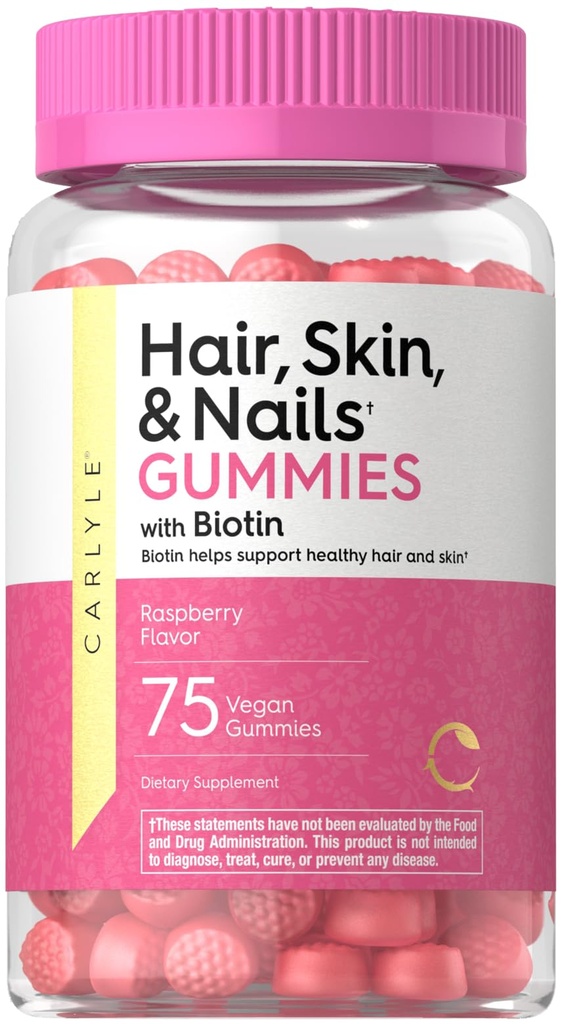 Carlyle Hair Skin and Nails Vitamin | 75 Gummies | Biotin and Collagen | 여성용 고무 보충 | 딸기 맛 | 비 GMO, 글루텐 프리