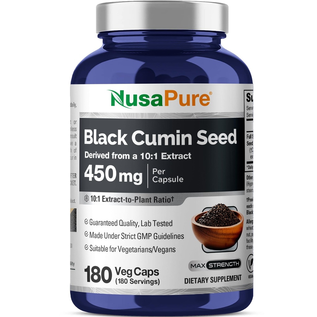 NusaPure 가득 차있는 스펙트럼 검정 Cumin씨 10:1 추출물, 4,500mg 180 Veggie 분말 모자 비 GMO, Vegan 비 Oily와 동등한 450 mg