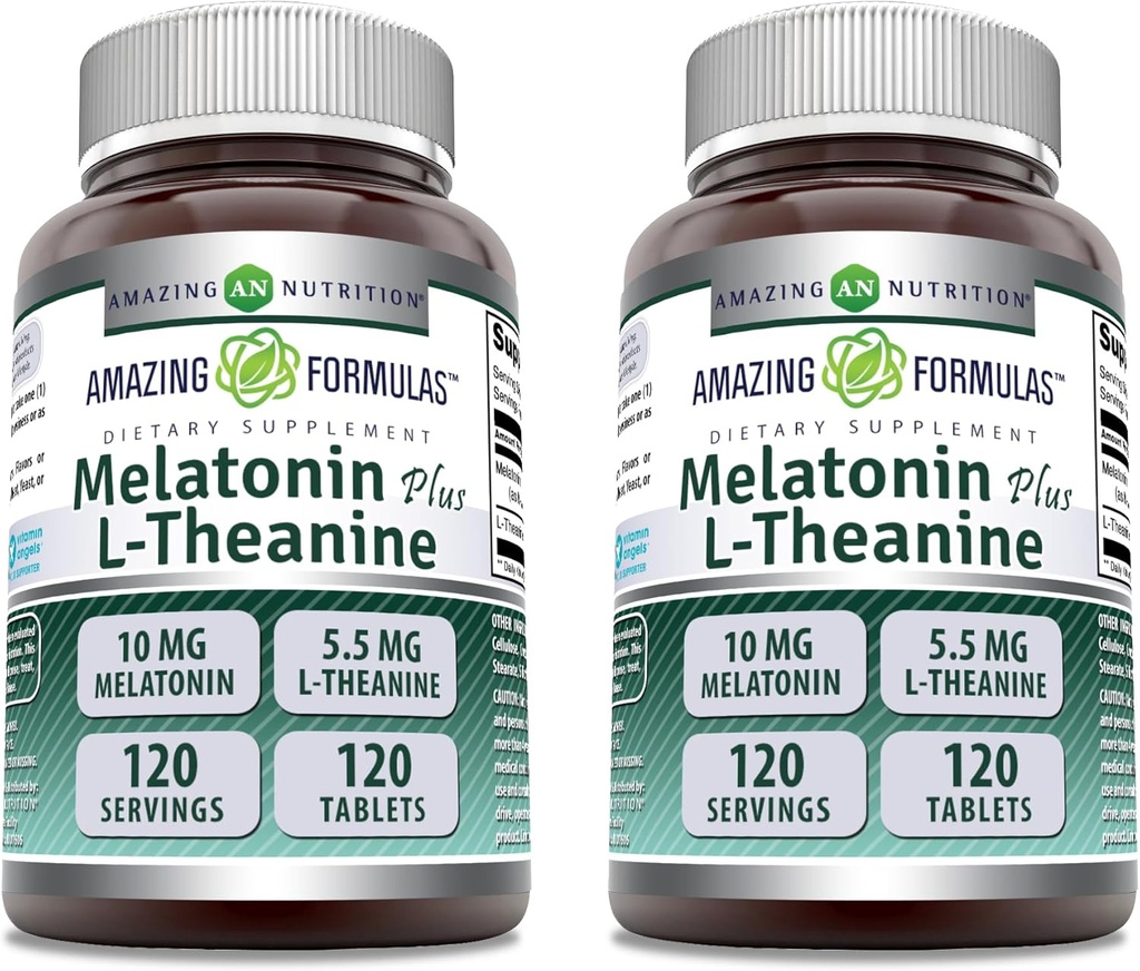 Amazing Formulas Melatonin 10 Mg Plus L-Theanine 5.5 Mg 보충교재 | 120의 정제 | Non-GMO | 글루텐 프리 | 미국에서 제작 | 2 팩