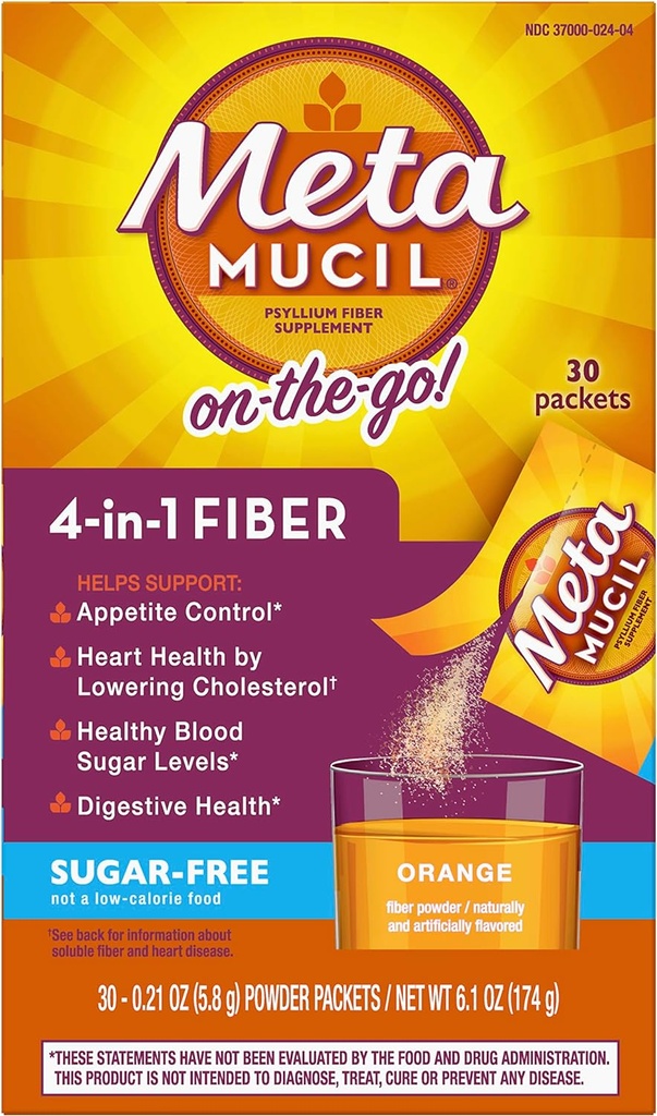 Metamucil 섬유 4-in-1 Psyllium 섬유 보충교재 설탕 자유로운 분말 단 하나 Serve 소포 30의 주황색 맛있은 음료 2개의 상자 (OLD)