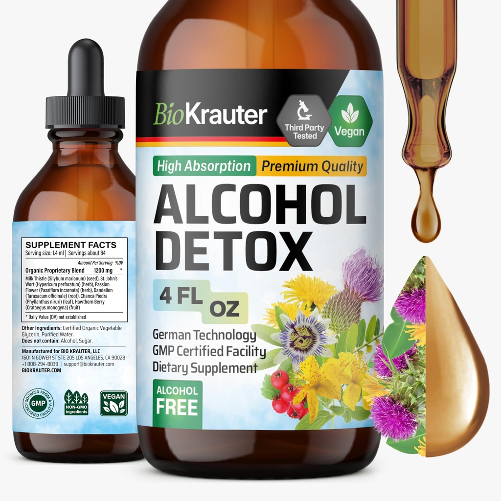 BIO KRAUTER 알코올 Detox Tincture - Liver Cleanse 공식 - 우유 Thistle & Dandelion - Liver Detox 액체 추출물 - 알코올 및 설탕 무료 - Vegan Drops 4 Fl.Oz.