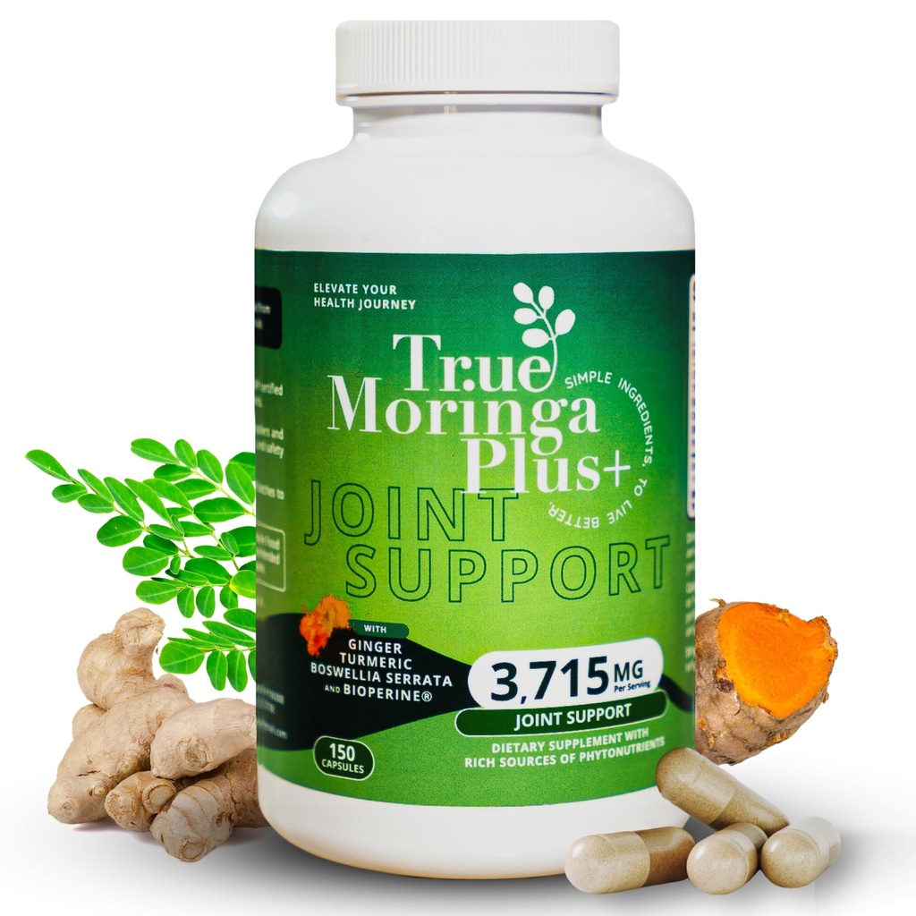 True Moringa Plus+ 합동 지원 보충교재 10:1 추출물 | 유기 Moringa, Turmeric Curcumin, Ginger, Boswellia, BioPerine의 20,000mg | 성인 (150의 캡슐)를 위한 여분 힘 초본 산화제