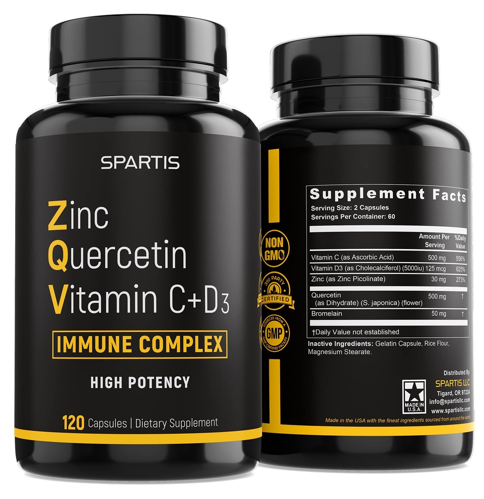 비타민 C 비타민 D3 Bromelain Immune 지원을 가진 아연 Quercetin 500mg 높은 힘 Quercetin 아연 보충교재 ZQV SPARTIS에 의하여 (120 모자에 1개의 병의 포장)