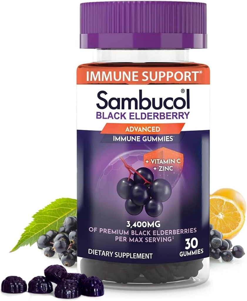 Sambucol Black Elderberry Gummies - 성인, Sambucus Gummies, 면역 지원을위한 아연과 비타민 C가있는 엘더 베리 - 30 카운트