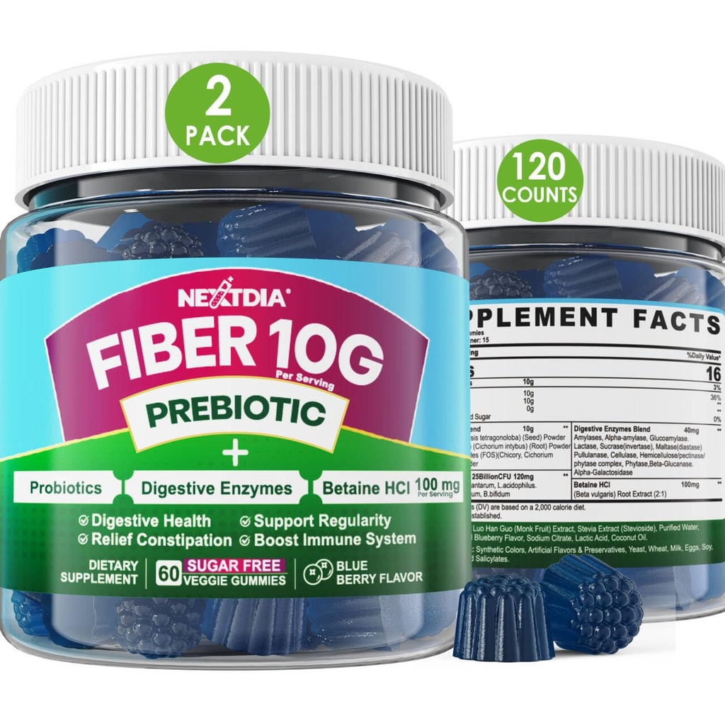 성인을 위한 섬유 Gummies, Digestive 효소를 가진 설탕 자유로운 10g Prebiotic 섬유 보충교재, Probiotics & 100mg Betaine Digestive & Gut 건강 및 Regulate Bowel 운동, Vegan, 젤라틴 자유로운, 120ct